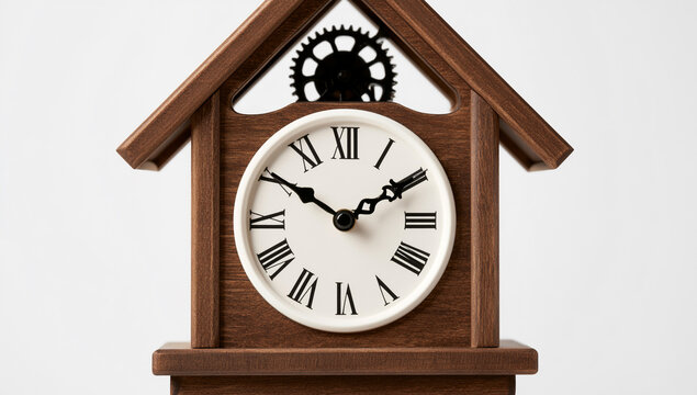 Modern wooden house shaped clock with roman numerals