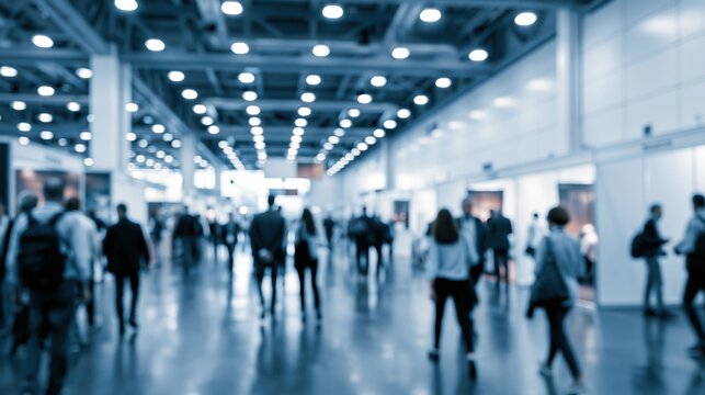 Blurred corporate event space with motion and crowd activity capturing a professional trade fair atmosphere with commerce and innovation theme.