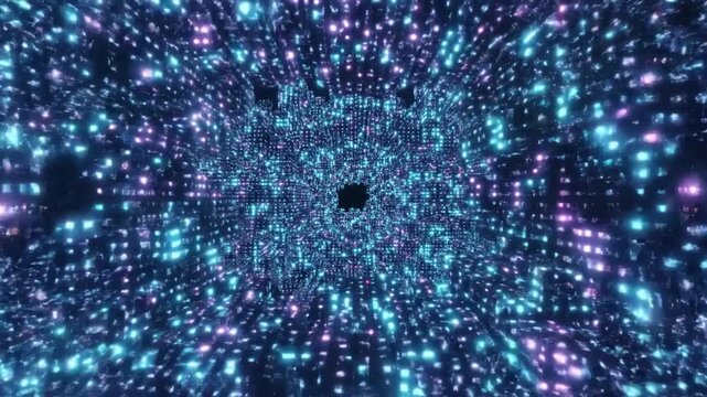 Futuristic digital city tunnel with glowing blue and pink lights creating a sense of speed and advanced technology in a dark, abstract space