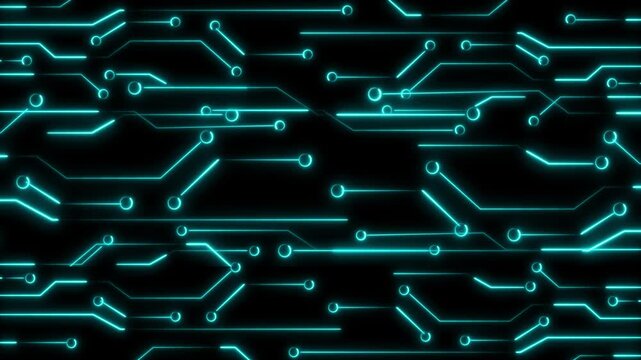 Circuit board animation tracks neon blue microchip paths. Radial circuit board animation draws data network lines. Tech circuit board animation patterns computing server fields.