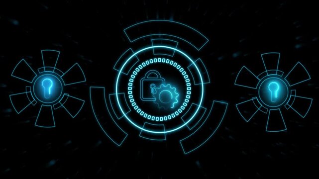 Security animation routes blue digital padlock icons. Connected security animation charts network data encryption lines. Safe security animation protects information web servers.