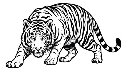 Stalking tiger illustration in black and white, powerful wild cat predator vector, hand drawn tiger mascot for sports and apparel © ishrat