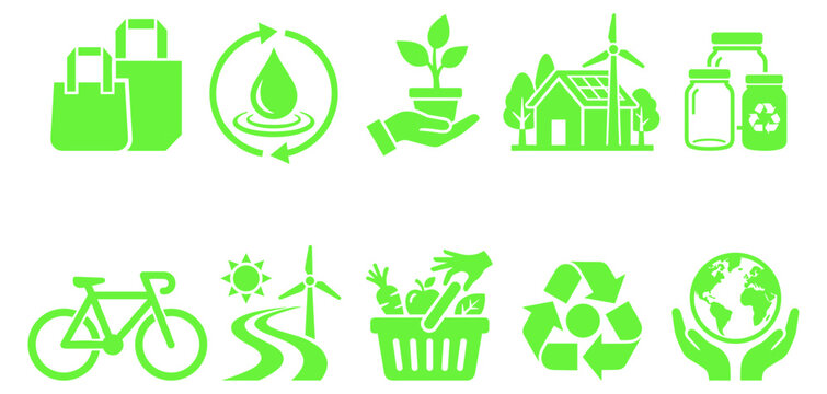 Eco lifestyle and sustainability green icons set, zero waste, renewable energy, recycling and environmental conservation vector symbols on transparent background