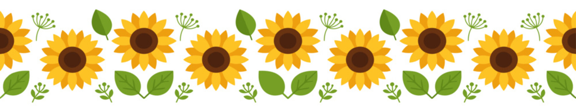 Sunflowers seamless border pattern, yellow summer flower floral brush, repeating horizontal decoration with leaves and botanical elements on transparent background