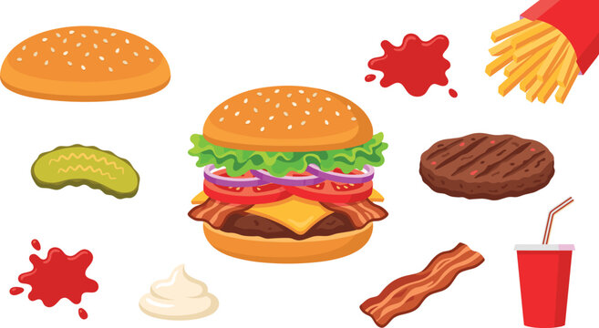 Flat style fast food menu design elements set with tasty cheeseburger components fries sauce dollop and ingredients on white background