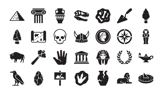 Ancient history and archaeological artifact icon collection with archaeology