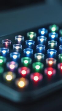 Vertical video: Shifting camera moving over LED matrix on bench, capturing cycling colored lenses