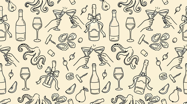 Seamless pattern with wine bottles, glasses, oysters, pears and octopus tentacles on a beige background