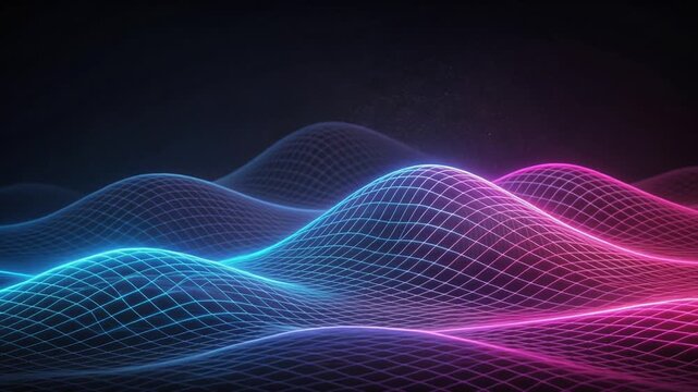Abstract wave grid lines glowing with blue and pink gradients creating futuristic digital landscape