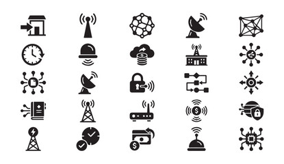 Obraz premium Network and telecommunications technology solid icon set with telecommunications