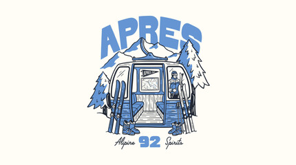 Retro ski gondola with skier gear and snowy mountains, vintage hand-drawn graphic illustration for t-shirt design and winter sports branding. © brutalism studio