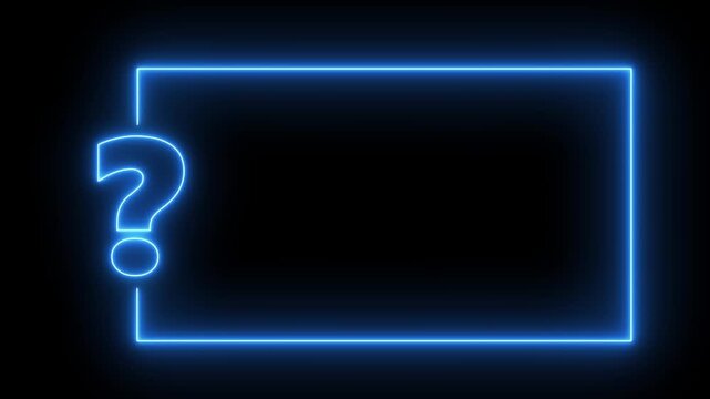 4k Question mark neon sign light on black background. Quiz trivia game competition. blue neon question mark frame for quizzes and FAQs. Game announcement neon message. Answer question, Examination,