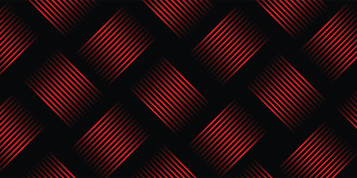 Abstract red and black geometric line pattern background. Shiny metallic stripes texture banner. Bright glowing neon line gradient wallpaper design for modern tech backdrop, gamer luxury header.