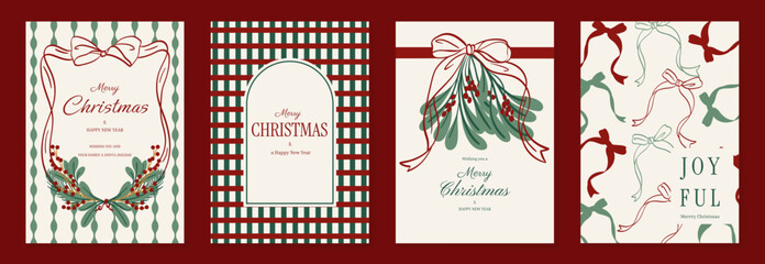 Obraz premium Vintage Christmas card vector template set. Elegant festive greeting designs with ribbons, tree, ornaments, holly frames and classic holiday typography for seasonal stationery.
