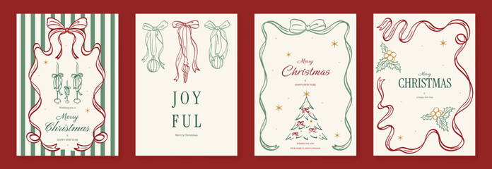 Vintage Christmas card vector template set. Elegant festive greeting designs with ribbons, tree, ornaments, holly frames and classic holiday typography for seasonal stationery. © TWINS DESIGN STUDIO