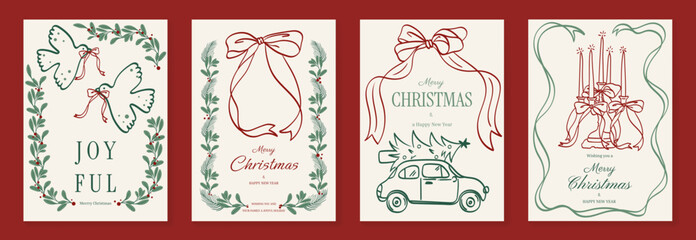 Vintage Christmas card vector template set. Elegant festive greeting designs with ribbons, tree, ornaments, holly frames and classic holiday typography for seasonal stationery. © TWINS DESIGN STUDIO