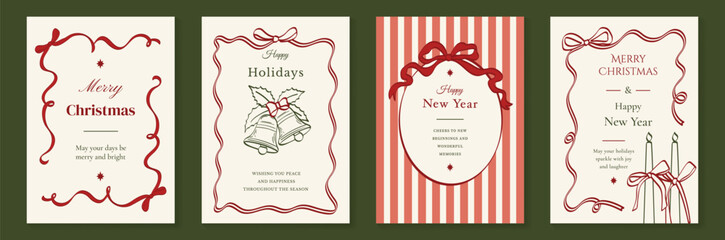 Vintage Christmas card vector template set. Elegant festive greeting designs with ribbons, tree, ornaments, holly frames and classic holiday typography for seasonal stationery. © TWINS DESIGN STUDIO