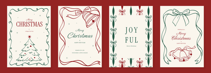 Vintage Christmas card vector template set. Elegant festive greeting designs with ribbons, tree, ornaments, holly frames and classic holiday typography for seasonal stationery. © TWINS DESIGN STUDIO