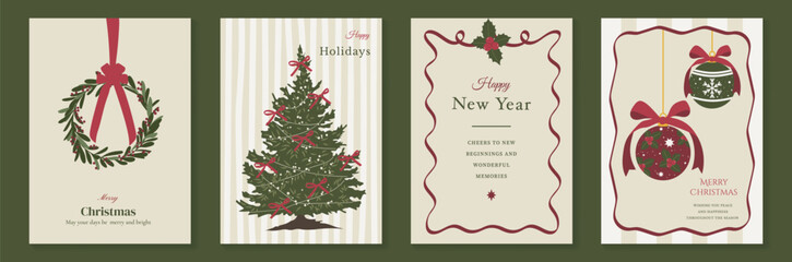 Vintage Christmas card vector template set. Elegant festive greeting designs with ribbons, tree, ornaments, holly frames and classic holiday typography for seasonal stationery. © TWINS DESIGN STUDIO