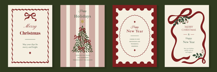 Obraz premium Vintage Christmas card vector template set. Elegant festive greeting designs with ribbons, tree, ornaments, holly frames and classic holiday typography for seasonal stationery.