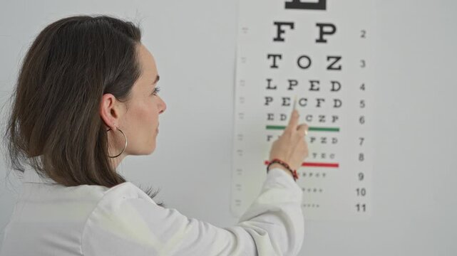 Woman optician wearing white coat points finger to eye chart, hand extended, showing letters on the chart in a clinic building; reassurance.