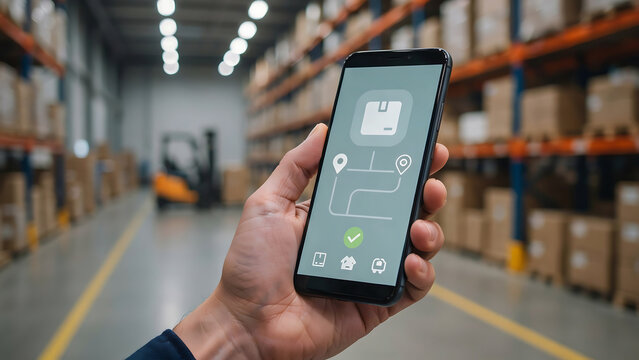 Close up of hand holding smartphone displaying delivery tracking app screen inside a large logistics warehouse with blurred shelves.