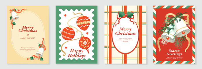 Vintage Christmas card vector template set. Elegant festive greeting designs with ribbons, tree, ornaments, holly frames and classic holiday typography for seasonal stationery. © TWINS DESIGN STUDIO