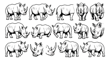Vintage rhinoceros hand drawn sketch set, black and white rhino animal illustrations, 14 vector wildlife graphics for safari and conservation design © ishrat