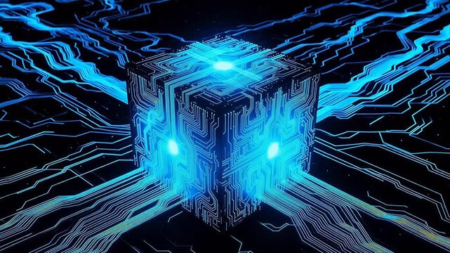 Circuit cube with glowing lines