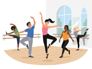 Diverse Group of People Practicing Ballet in a Bright Dance Studio with Barre and Large Windows © Nomads Studio
