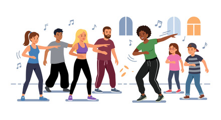 Diverse Group of People Enjoying an Energetic Dance Fitness Class Indoors