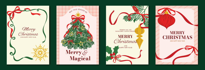 Vintage Christmas card vector template set. Elegant festive greeting designs with ribbons, tree, ornaments, holly frames and classic holiday typography for seasonal stationery. © TWINS DESIGN STUDIO