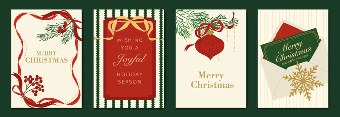 Obraz premium Vintage Christmas card vector template set. Elegant festive greeting designs with ribbons, tree, ornaments, holly frames and classic holiday typography for seasonal stationery.