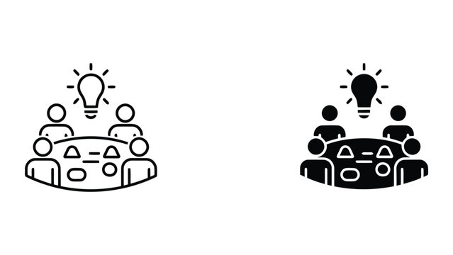Creative brainstorming and team idea development vector icon featuring group meeting with lightbulb symbol for innovation and collaborative business problem solving solutions
