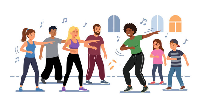 Diverse Group of People Enjoying an Energetic Dance Fitness Class Indoors