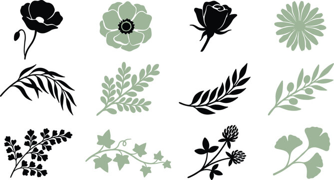 Minimalist Botanical Vector Element Set Featuring Sage Green and Black Floral Silhouettes, Leaves, Flowers, and Foliage Branches for Elegant Graphic Designs