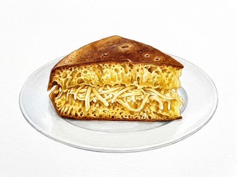 Watercolor illustration of Martabak Manis slice with grated cheese, a delicious Indonesian sweet pancake dessert on a white plate, perfect for food menus, blogs, and culinary designs.