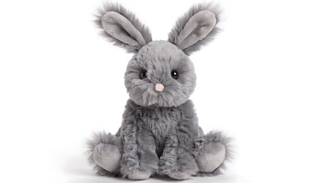 Gray stuffed rabbit toy sitting alone on white background