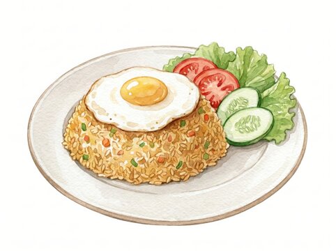 Authentic Nasi Goreng Indonesian Fried Rice with Sunny Side Up Egg and Fresh Vegetables. Hand-Drawn Watercolor Illustration, Delicious Asian Cuisine, Isolated for Menu, Recipe, Food Blog.
