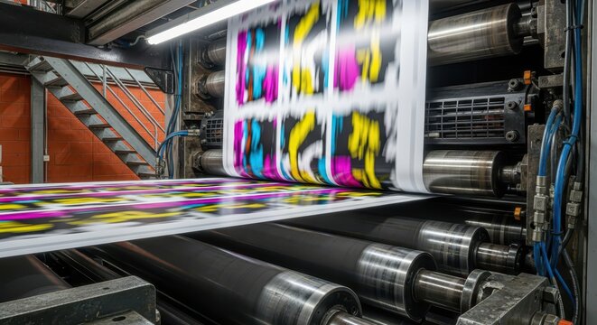 Industrial Offset Printing Press Machine in Motion Producing High Quality Full Color Prints in a Modern Factory