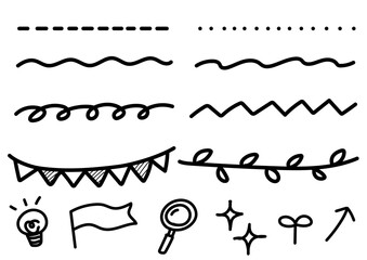 手描き風の波線、点線、リボン、旗、キラキラ、矢印などの装飾ラインあしらいセット｜シンプルなデザイン素材集 © toshi_illust