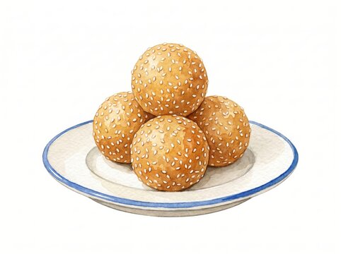 Indonesian Onde-Onde: Golden fried sesame balls watercolor art. Authentic Asian sweet snack on white plate, ideal for food blogs, menus, traditional cultural design.