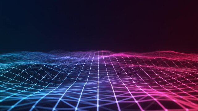 Digital wave grid flowing through luminous blue pink gradients creating modern abstract technology