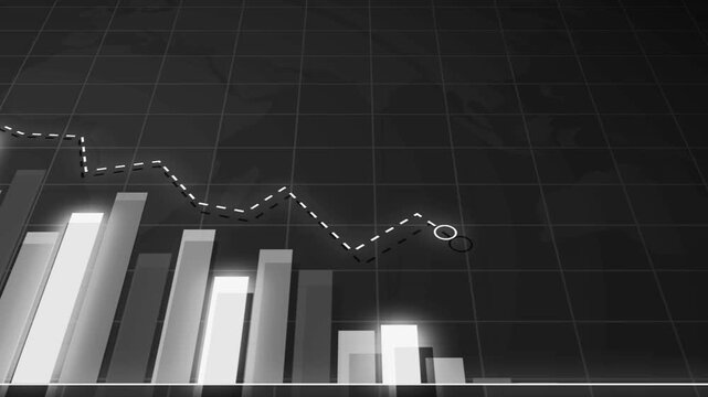 Declining bar chart with downward trend, Blue bar chart with falling line graph decline in business data, finance performance and analytics animation
