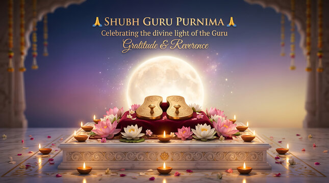 Shubh Guru Purnima paduka altar with lotus flowers, moonlit temple decor, devotional illustration background
