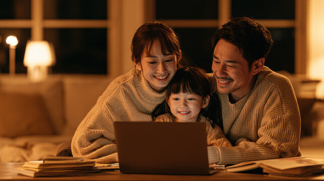 A smiling family of three using a laptop together in a cozy, warmly lit living room at night.