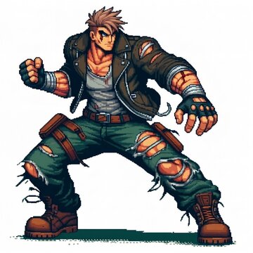 Sci-fi cyborg mercenary character design in pixelated illustration