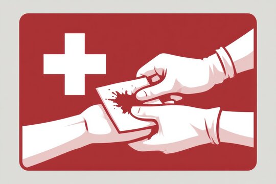 Hands apply pressure to a wound on an arm to stop bleeding using a clean cloth in a medical education style with a red and white design