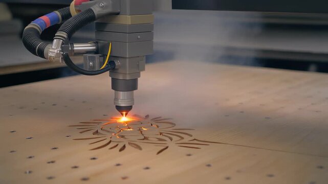 Laser Cutting Wood Process Endlessly Burning a Pattern with Rising Smoke Loop