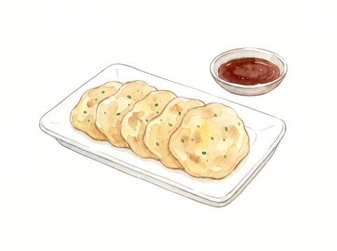 Hand-painted watercolor art of five golden savory fritters or vegetable patties on a white plate with a side of dipping sauce, ideal for food menus, recipe blogs, and culinary branding.